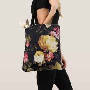 Tote Bag motif de pivoine jaune sur noir