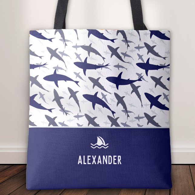 Tote Bag Motif de requin bleu et blanc avec nom Boy (Créateur téléchargé)