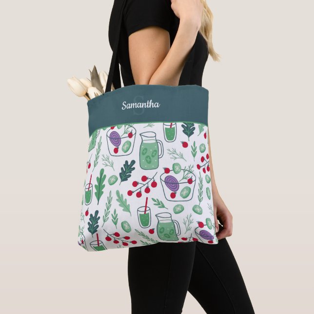 Tote Bag Motif de salade végétale avec nom Green Shopping (De près)