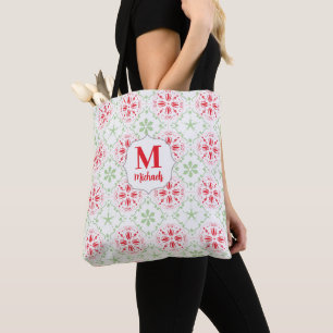 Tote Bag Motif de vacances de monogramme rouge vert de Noël