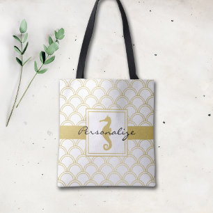 Tote Bag Motif de vague océanique Art Déco Hippocampe Paill