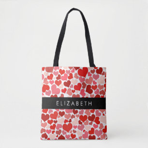 Tote Bag Motif Des Coeurs, Coeurs Rouges, Amour, Votre Nom