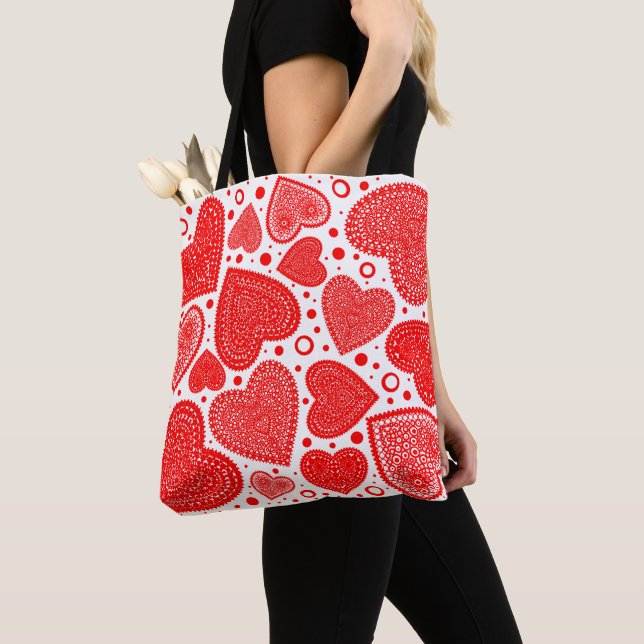 Tote Bag Motif des coeurs et des points rouges (De près)