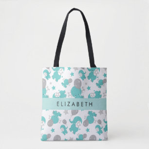 Tote Bag Motif Des Eléphants Bleus, Étoiles, Votre Nom