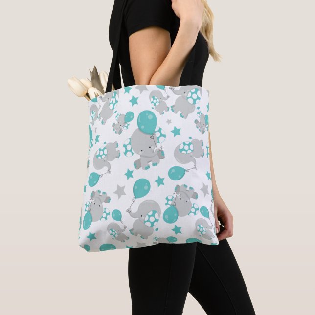 Tote Bag Motif Des Eléphants, Eléphants Mignons - Gris Bleu (De près)