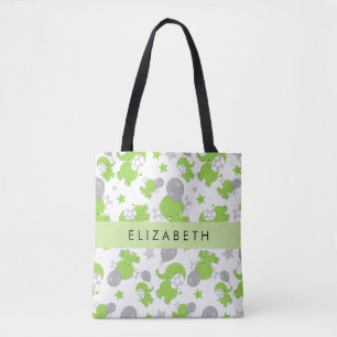 Tote Bag Motif Des Eléphants Verts, Étoiles, Votre Nom