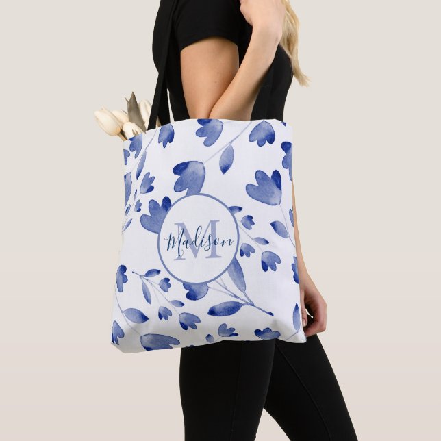 Tote Bag Motif des tiges d'aquarelle bleu Indigo (De près)