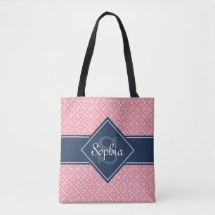 Tote Bag Motif diamant rose et bleu marine monogramme