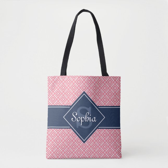 Tote Bag Motif diamant rose et bleu marine monogramme (Devant)