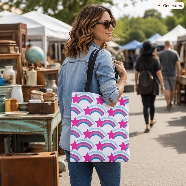 Tote Bag Motif d'illustration d'étoile rose arc-en-ciel mig (A tote bag with a pink star and rainbow pattern.)