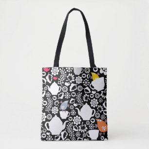 Tote Bag Motif d'oiseaux et de tasses