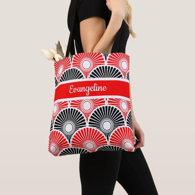 Tote Bag Motif d'onde demi-cercle rouge et noir (De près)