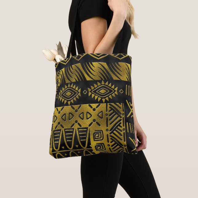 Tote Bag Motif d'or africain ethnique sur le noir (De près)