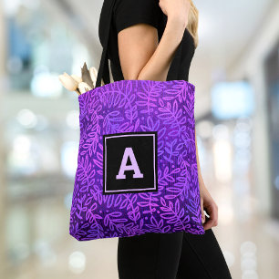 Tote Bag Motif feuille violet monogramme moderne audacieux