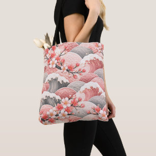 Tote Bag Motif Fleur de Cerisier Vague Japonaise Corail Ros