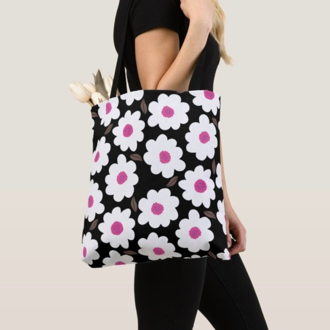 Tote Bag Motif Fleur rétro en blanc sur noir (Créateur téléchargé)
