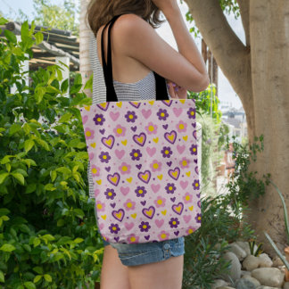 Tote Bag Motif Fleurs Rétro Cœurs Rose, Violet, Jaune