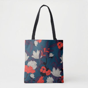 Tote Bag Motif floral bleu et rouge élégant