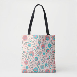 Tote Bag Motif floral d'art populaire turquoise et de