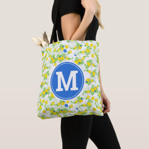 Tote Bag Motif floral de citrons bleus et jaunes ensoleillé