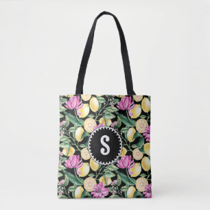 Tote Bag Motif floral de citrons et de tulipes Monogramme