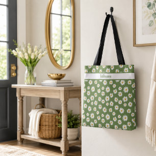Tote Bag Motif floral de marguerite boho vert Nom