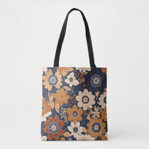 Tote Bag Motif floral folklorique marine et moutarde