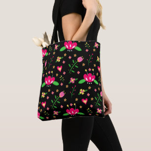 Tote Bag Motif floral occupé sur fond noir