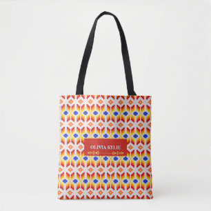Tote Bag Motif floral pixel géométrique en rouge orange jau