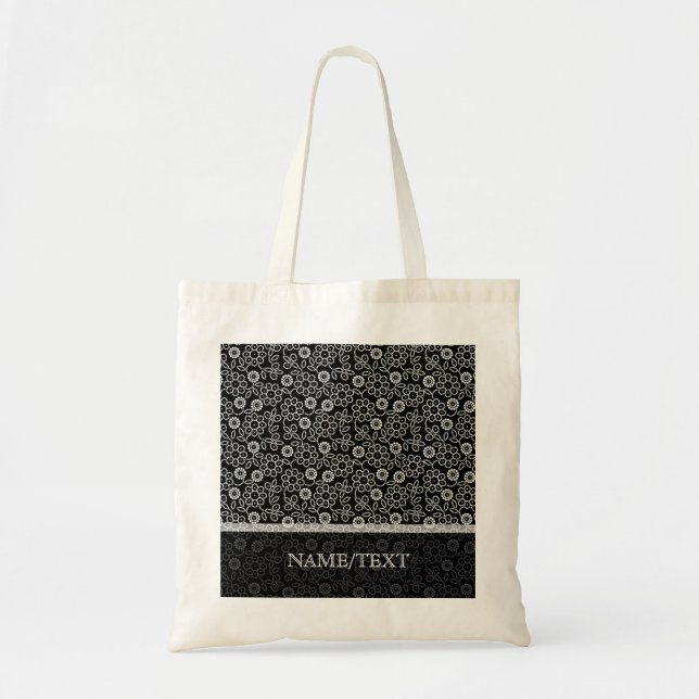 Tote Bag Motif floral rétro noir et blanc (Devant)