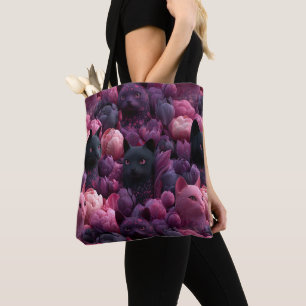 Tote Bag Motif floral surréaliste de chat noir et de pivoin