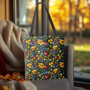Tote Bag Motif floral vibrant Khokhloma avec rouge et jaune