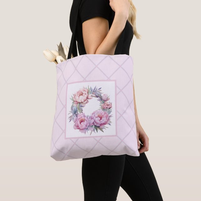 Tote Bag motif floral violet et rose (De près)