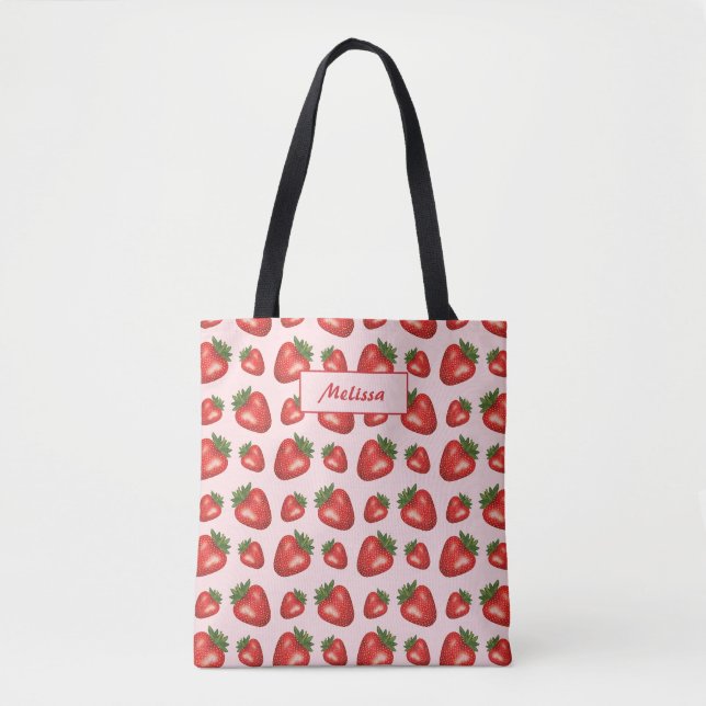 Tote Bag Motif Fraise Rouge Sur Fond Rose Avec Texte Person (Devant)