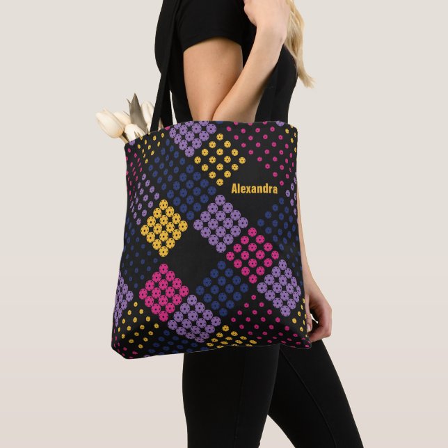 Tote Bag Motif géométrique de pickleball, avec nom (De près)