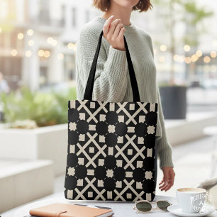 Tote Bag Motif Géométrique Décoratif Noir et Beige Chic