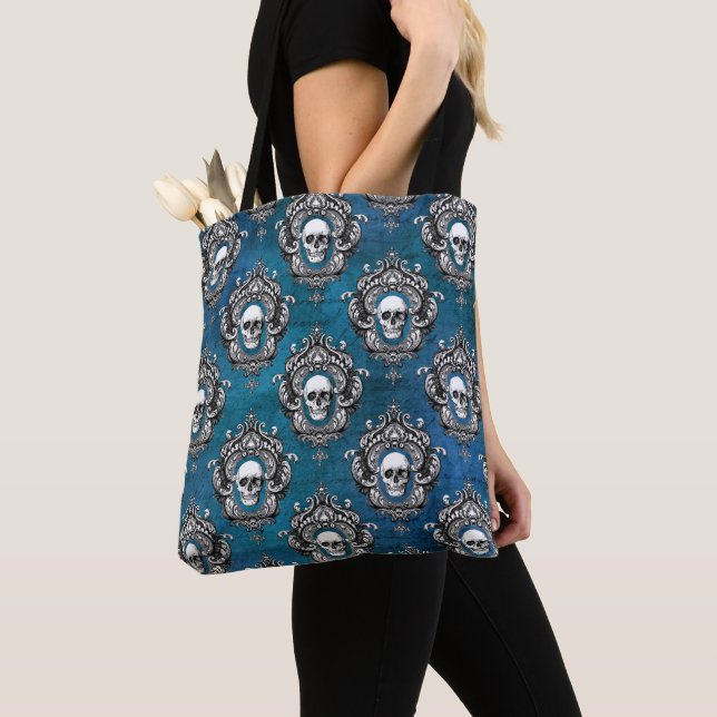 Tote Bag Motif gothique du crâne sur bleu (De près)