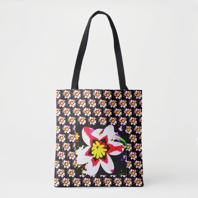 Tote Bag Motif gras de fleur abstraite sur noir (Devant)