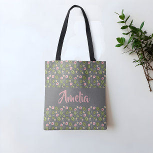 Tote Bag Motif gris rose fleuri aquarelle