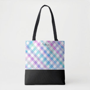 Tote Bag Motif Iridescente En vichy bleu avec Monogramme