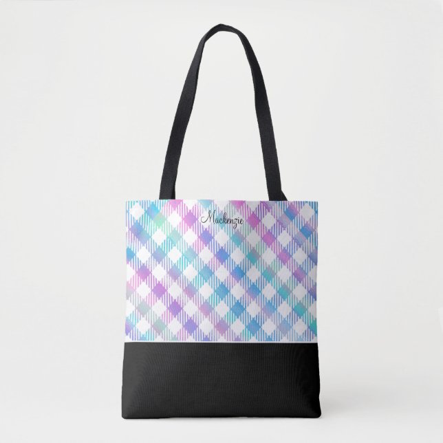 Tote Bag Motif Iridescente En vichy bleu avec Monogramme (Devant)