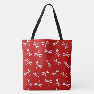 Tote Bag Motif japonais de libellule, rouge-foncé et blanc
