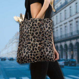 Tote Bag Motif Léopard Brun Noir Or Paillettes Luxe