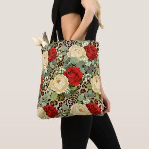 Tote Bag Motif Léopard Luxueux & Rose Rouge 