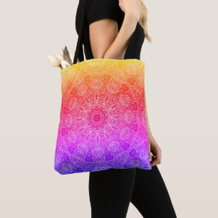Tote Bag Motif mandala kaléidoscopique rose jaune bleu néon