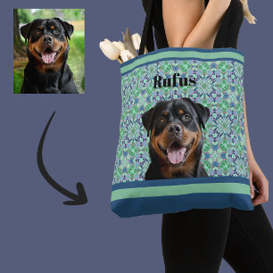 Tote Bag Motif Mandala Vert Photo de Chien Personnalisé