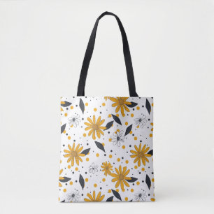 Tote Bag Motif marguerrier jaune et blanc avec Feuilles fon