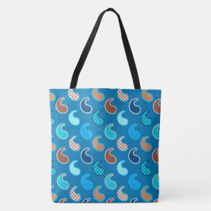 Tote Bag Motif moderne Paisley, Bleu Cerulean, Tan & Aqua