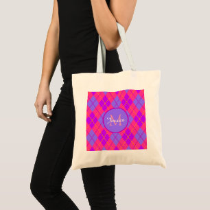 Tote Bag Motif monogramme à carreaux rose vif et bleu