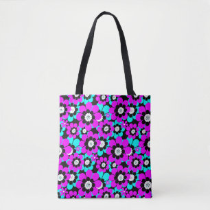 Tote Bag Motif Néon Floral Fleurs Violettes et Turquoise